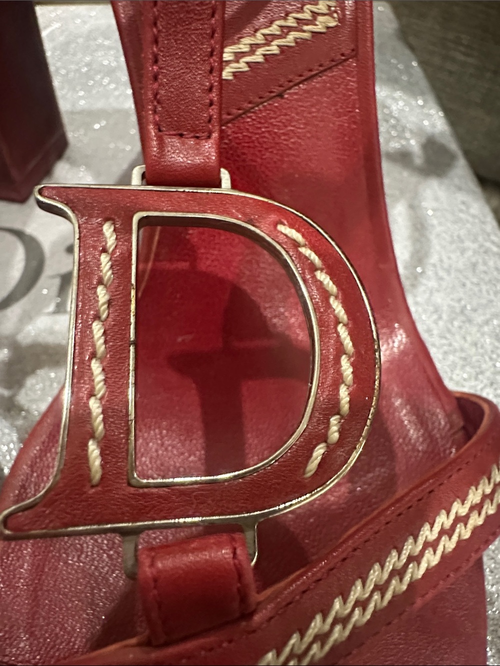 RARE DIOR C D logo Red T-Strap Block Heel dress shoes with white stitching 4’ - Picture 14 of 14